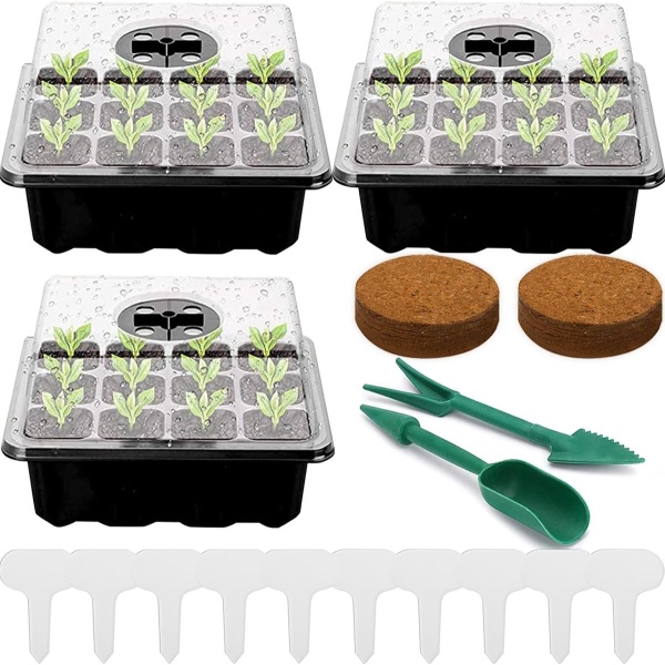 Kamerbroeikas, kweekbak, 3 stuks, 36 cellen, mini-broeikas, kweekset, zaailingstarters, kunststof kweekschalen met deksel, ventilatie voor zaailingen en planten