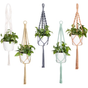 Navaris set van 5 plantenhangers - 5x macramé plantenhouder van katoen - Lengte circa 100 cm - Voor binnen of buiten