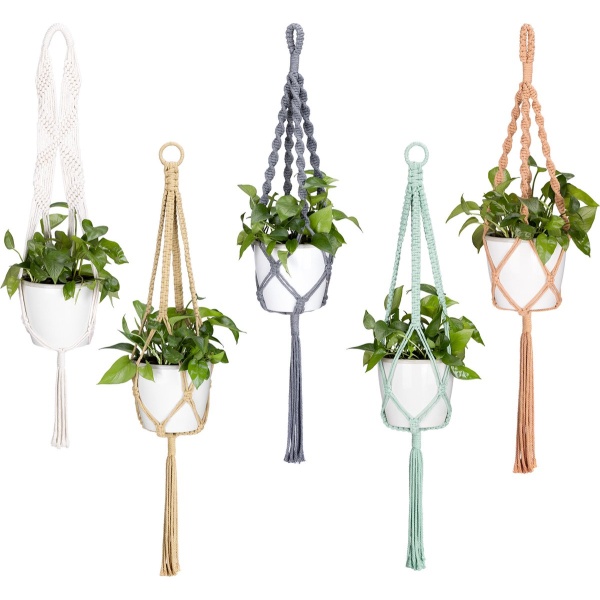 Navaris set van 5 plantenhangers - 5x macramé plantenhouder van katoen - Lengte circa 100 cm - Voor binnen of buiten